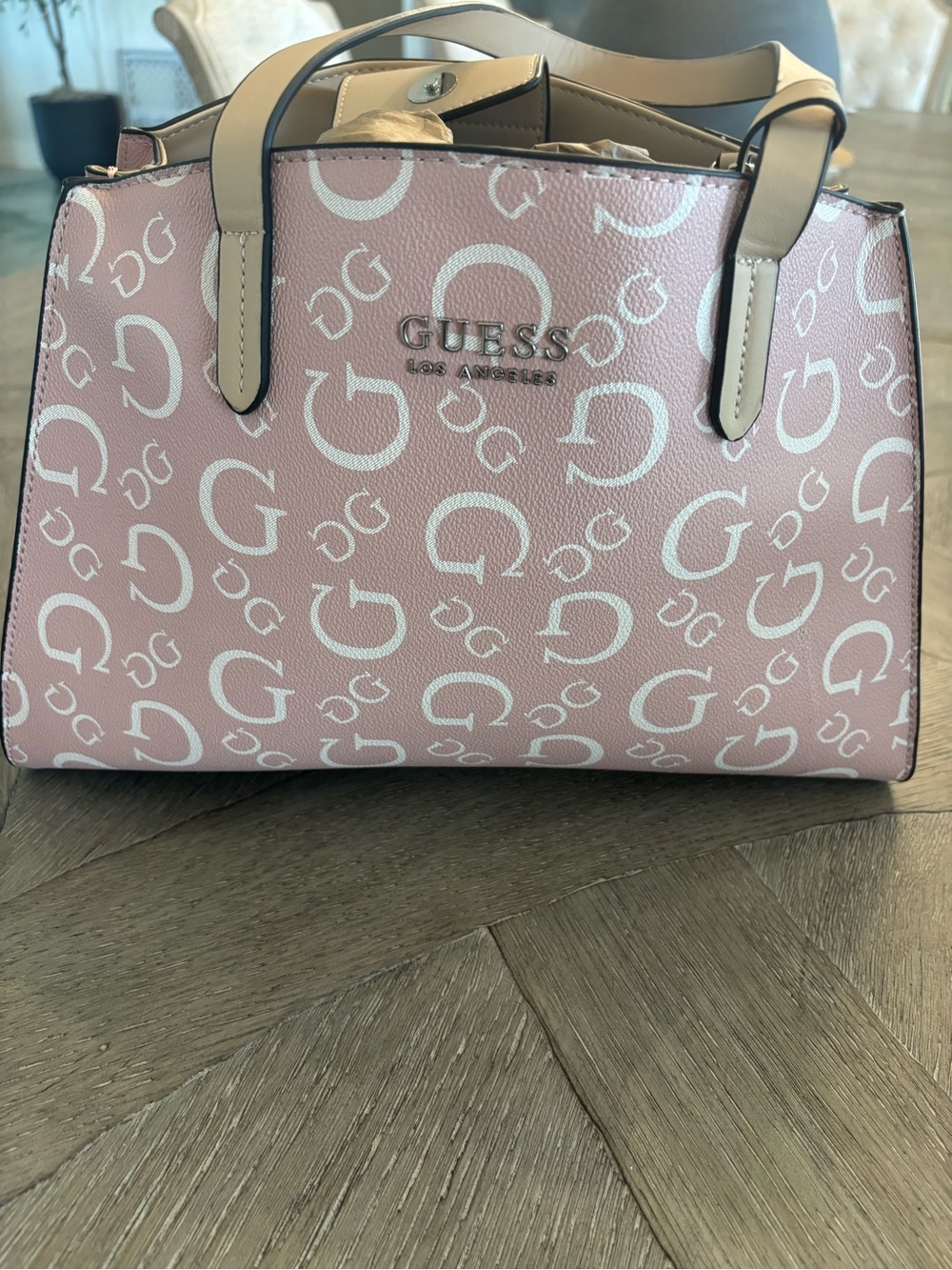 GUESS Pink Logo Satchel with Cream Handles